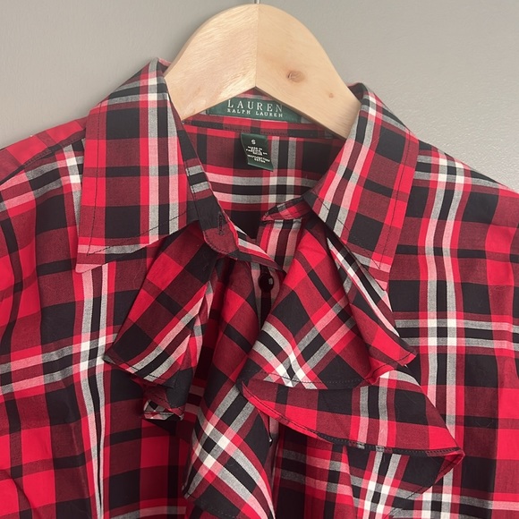 NWOT LAUREN RALPH LAUREN RUFFLE FRONT PLAID BLOUSE, S - Picture 2 of 3